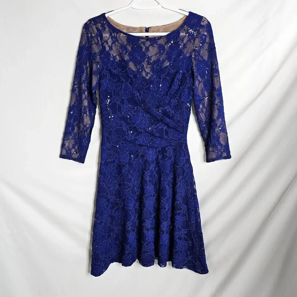 LAUREN RALPH LAUREN Y2K Dress NAVY BLUE LACE size 2 Cocktail Fit & Flare Prom - Picture 2 of 8
